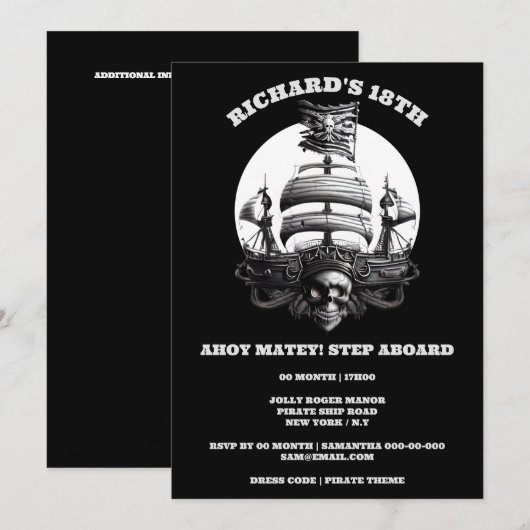 Pirate thema party zwarte witte schedel schip vlag kaart (Voorkant / Achterkant)