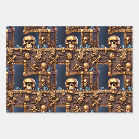 Pirate thema verjaardag schedel 3D skelet borst Inpakpapier Vel (Voorkant)