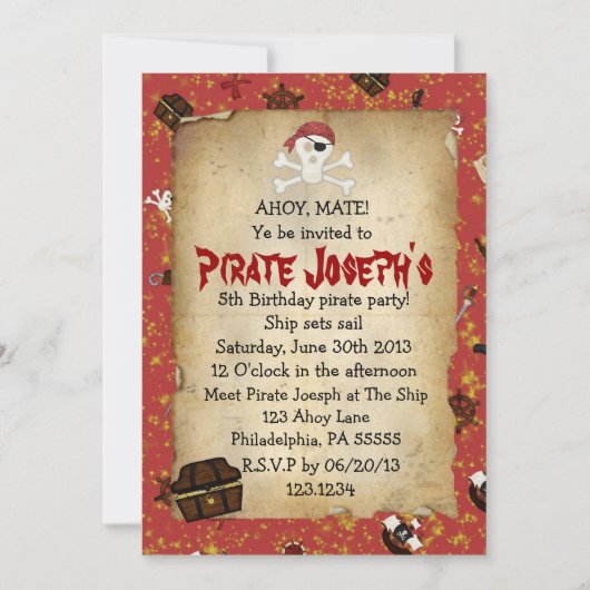 Pirate Theme Birthday Invitation Kaart (Voorkant)