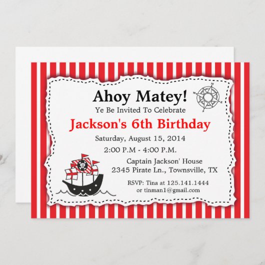 Pirate Theme Birthday Party Invitation Kaart (Voorkant / Achterkant)