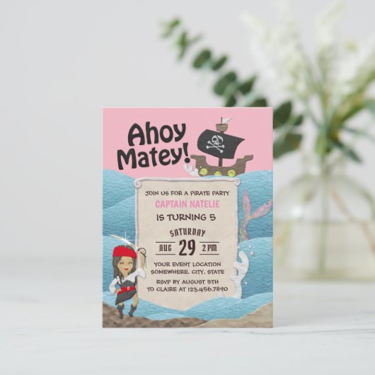Pirate Theme Kapitein Girl Birthday Party Kaart (Staand voorkant)