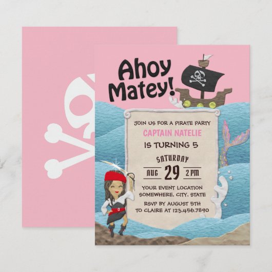 Pirate Theme Kapitein Girl Birthday Party Kaart (Voorkant / Achterkant)