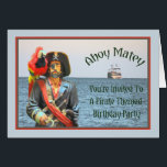 Pirate Thmed Birthday Party Invite for Son<br><div class="desc">Pirate, de uitnodiging voor je zoon voor het verjaardagsfeest, als het voor je dochter zal worden gebruikt, verander gewoon wat woorden aan de binnenkant van de uitnodiging. Het ontwerp is een geschilderde foto van een piraat, een papegaai op zijn schouder, met een piratenschip, en het zee op de achtergrond. Het...</div>