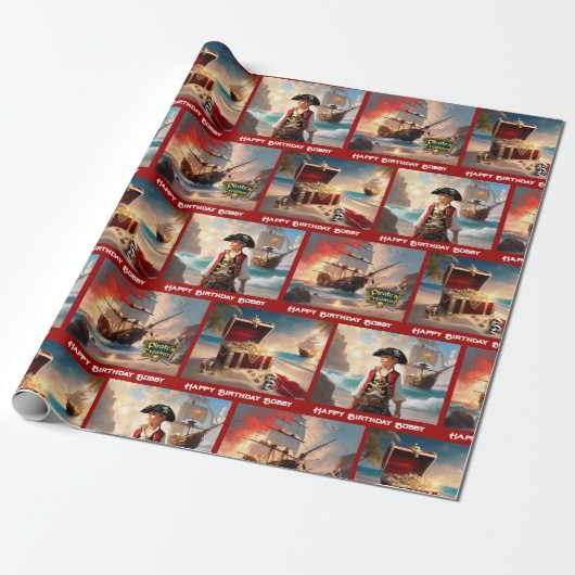 Pirate Treasure Boy's Birthday Personalize Name Cadeaupapier (Uitgerold)