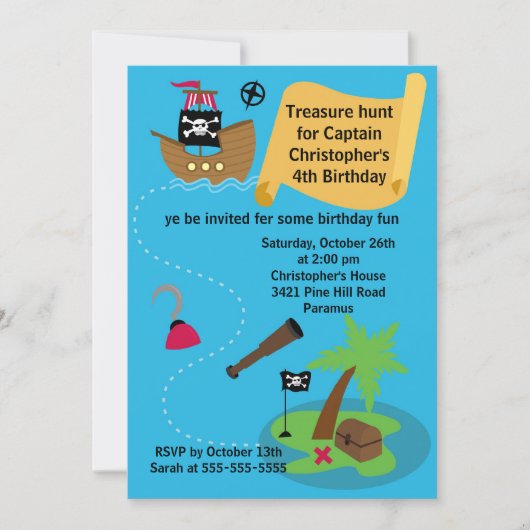 Pirate Treasure Hunt Birthday Party Invitation Kaart (Voorkant)