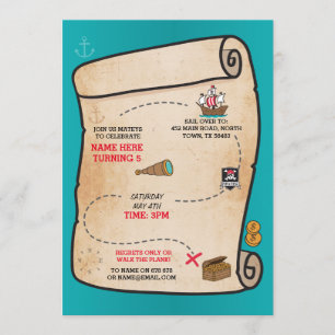 Pirate Treasure Map Birthday Ship Party Invite Kaart