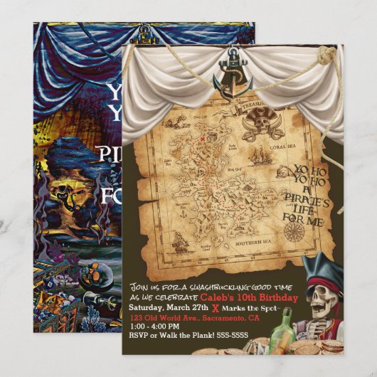 Pirate Treasure Map onder Zee Birthday Party Kaart (Voorkant / Achterkant)