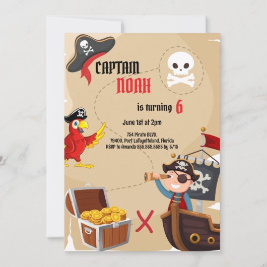 Pirate Treasure Map Verjaardagsfeest Uitnodiging (Voorkant)