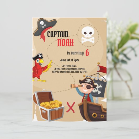 Pirate Treasure Map Verjaardagsfeest Uitnodiging (Staand voorkant)