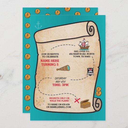 Pirate Treasure Map Verjaardagsschip Uitnodiging (Voorkant / Achterkant)