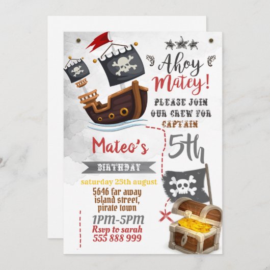 Pirate-uitnodiging - Pirate Birthday Party Kaart (Voorkant / Achterkant)