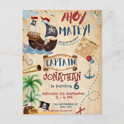 Pirate Verjaardag Ahoy Boy Party Briefkaart (Voorkant)