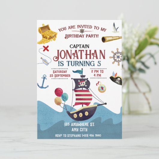 Pirate Verjaardag Ahoy Boy Party Uitnodiging (Staand voorkant)