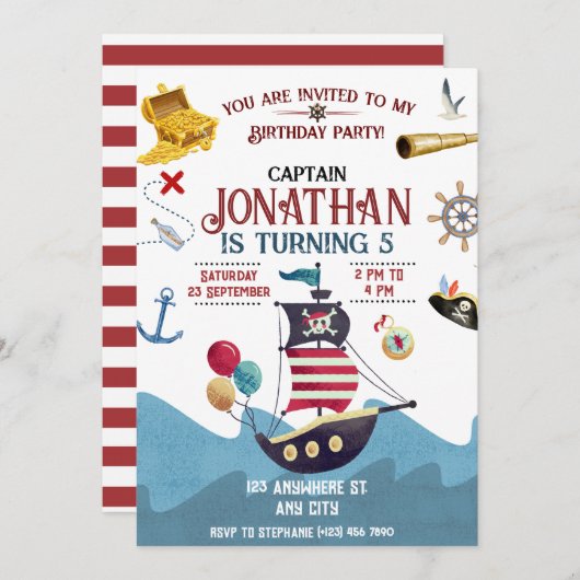 Pirate Verjaardag Ahoy Boy Party Uitnodiging (Voorkant / Achterkant)