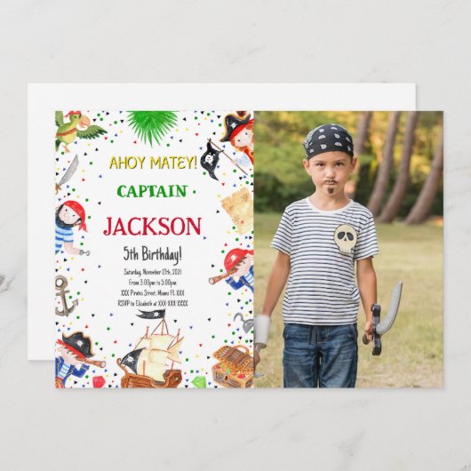 Pirate Verjaardag Foto uitnodiging (Voorkant / Achterkant)