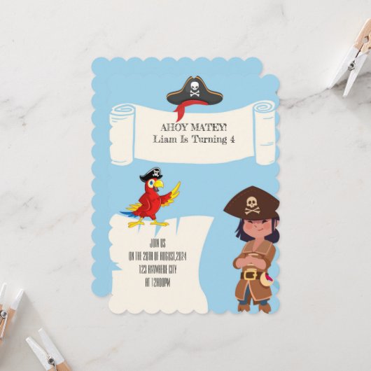PIRATE VERJAARDAG UITNODIGING VOOR JONGENS (Voorkant / Achterkant in situ)