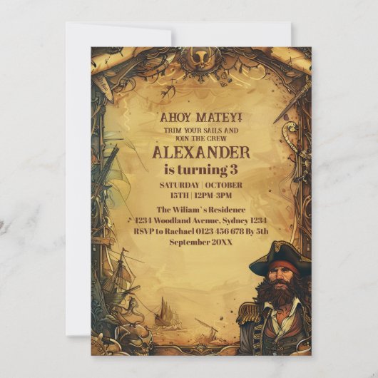  Pirate Verjaardagsfeestje Ahoy Matey Oude Kaart (Voorkant)