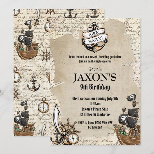  Pirate Verjaardagsfeestje Ahoy Matey Oude Kaart (Voorkant / Achterkant)