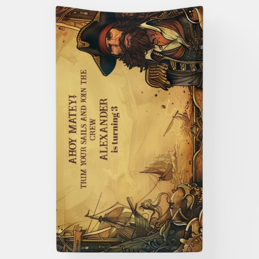  Pirate Verjaardagsfeestje Ahoy Matey Oude Kaart Spandoek (Verticaal)