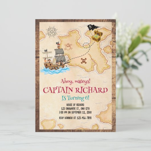 Pirate verjaardagsuitnodiging, schatjacht verjaard kaart (Staand voorkant)