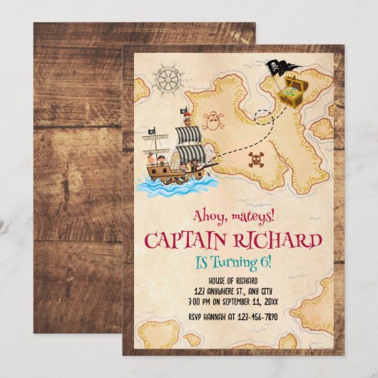 Pirate verjaardagsuitnodiging, schatjacht verjaard kaart (Voorkant / Achterkant)