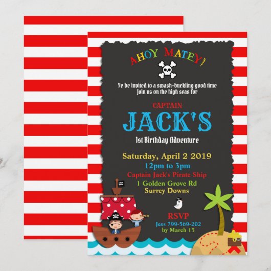 Pirate verjaardagsuitnodigingen Pirate Party Boy Kaart (Voorkant / Achterkant)