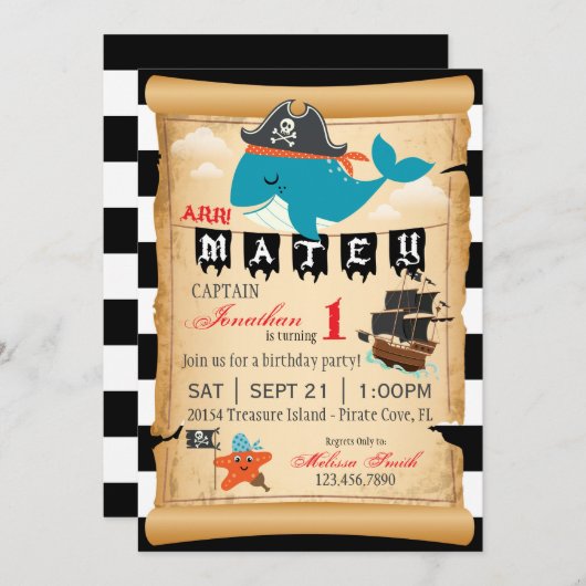 Pirate Whale and Starfish Birthday Invitations Kaart (Voorkant / Achterkant)