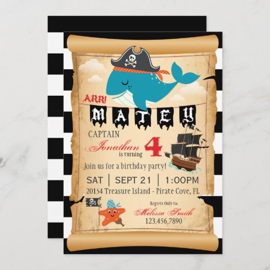 Pirate Whale en Starfish verjaardagsuitnodigingen Kaart (Voorkant / Achterkant)