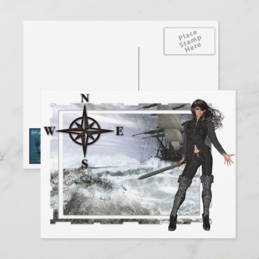 Pirate Woman met Rough Waters Design Briefkaart (Voorkant / Achterkant)