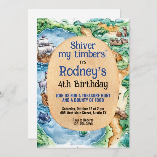 Pirate Z生日 uitnodiging voor schatjacht (Voorkant / Achterkant)