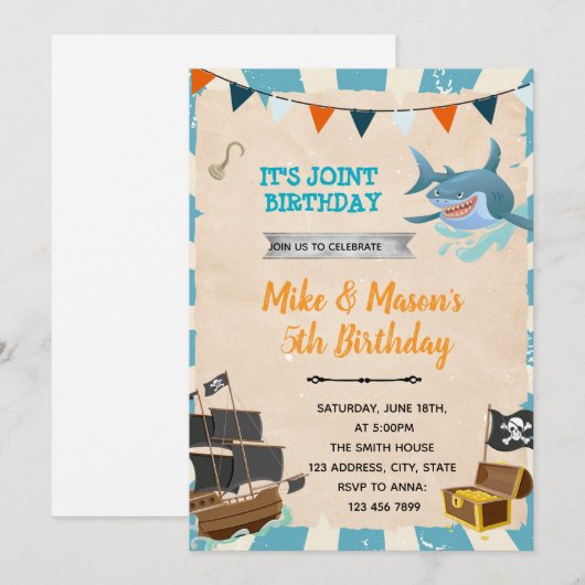 Piraten en haaien verjaardagsfeestje uitnodiging (Voorkant / Achterkant)