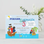 Piraten en Zeemeermin Kleurrijk Kind Verjaardagsfe Kaart (Staand voorkant)