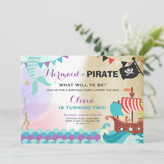 Piraten en zeemeerminnen verjaardagsuitnodiging Me Kaart (Staand voorkant)
