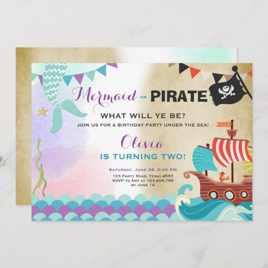 Piraten en zeemeerminnen verjaardagsuitnodiging Me Kaart (Voorkant / Achterkant)