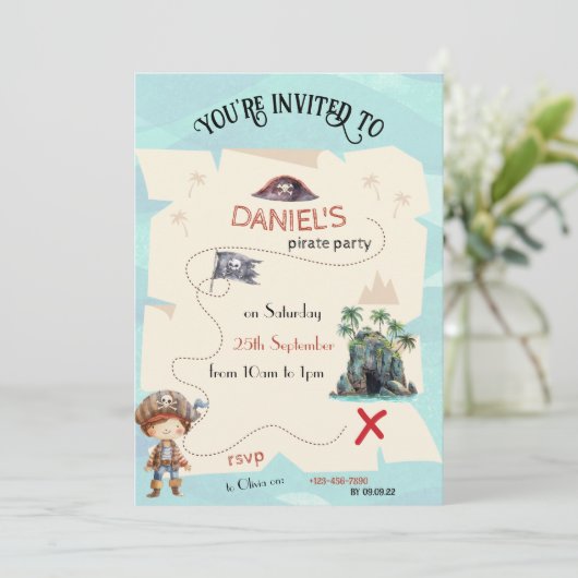 Piraten Schatkaart Kinderfeest Uitnodiging (Staand voorkant)