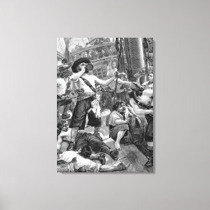 Piraten uit het verleden die vechten en drinken op canvas afdruk