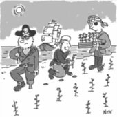 Piraten zijn tuinend met een Wooden been. Grappig Sticker (Voorkant)