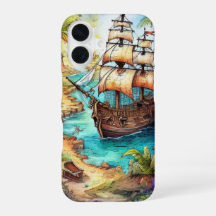 Piratenboot arriveert bij een tropisch eiland iPhone 16 hoesje