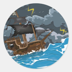 Piratenboot in storm ronde sticker