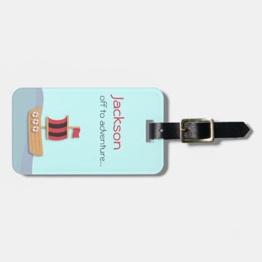 Piratenboot met rode en zwarte zeilen bagagelabel (Voorkant horizontaal)