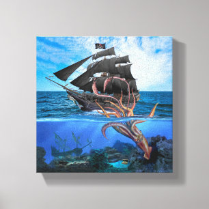 Piratenboot vs De Reuzenpijlinktvis Canvas Afdruk