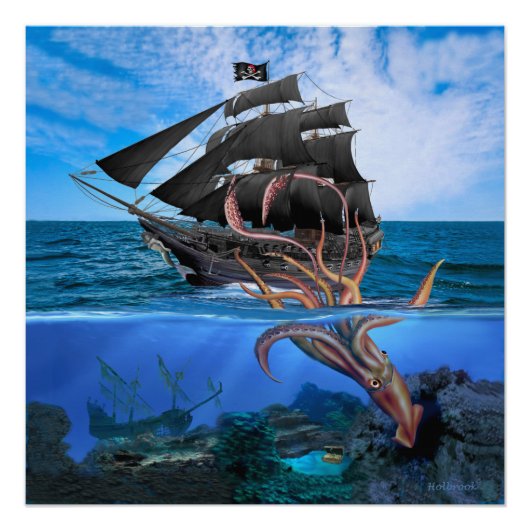 Piratenboot vs De Reuzenpijlinktvis Poster (Voorkant)