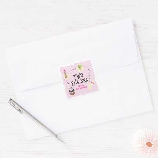 Piratenkaart Twee het Zee Roze Verjaardag Vierkante Sticker (Envelop)