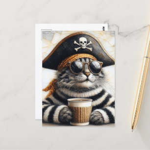 Piratenkat in pluizige trui met een koffie briefkaart