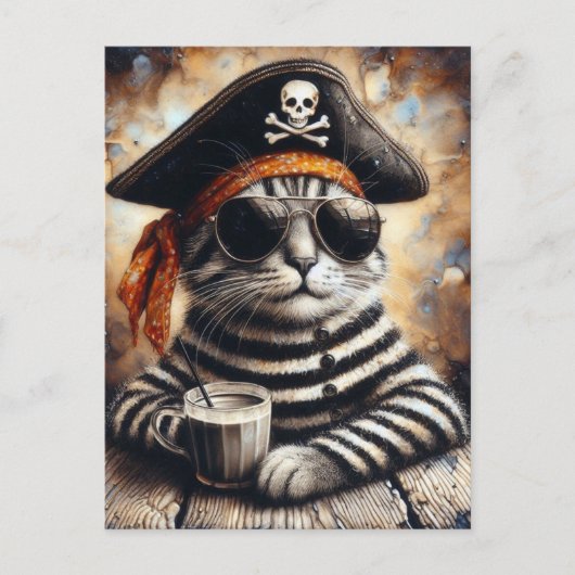 Piratenkat met een koffie briefkaart (Voorkant)