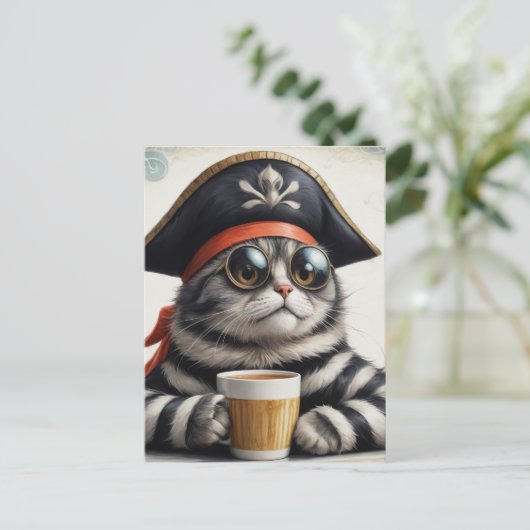 Piratenkat met een koffie briefkaart (Staand voorkant)