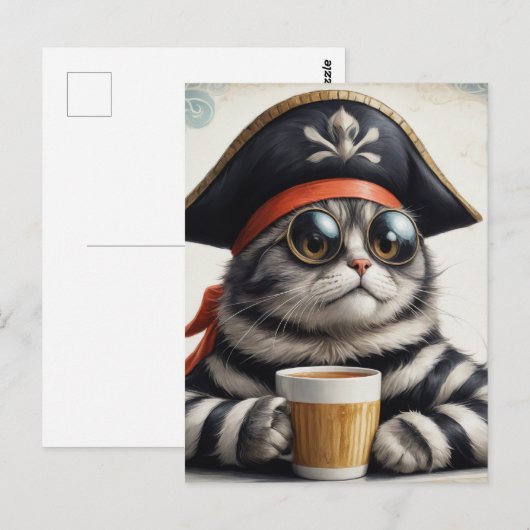 Piratenkat met een koffie briefkaart (Voorkant / Achterkant)