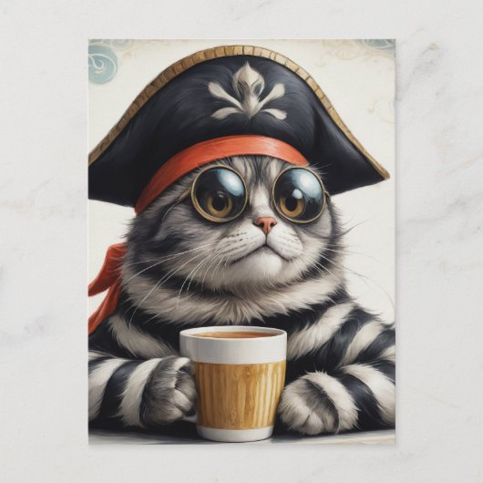 Piratenkat met een koffie briefkaart (Voorkant)