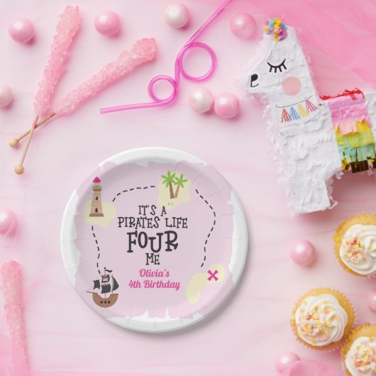 Piratenleven VIER ME Roze Verjaardag Papieren Bordje (Feest)