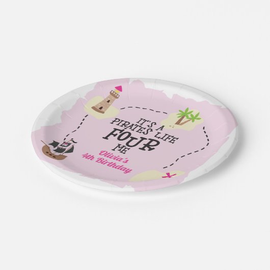Piratenleven VIER ME Roze Verjaardag Papieren Bordje (Gekanteld)